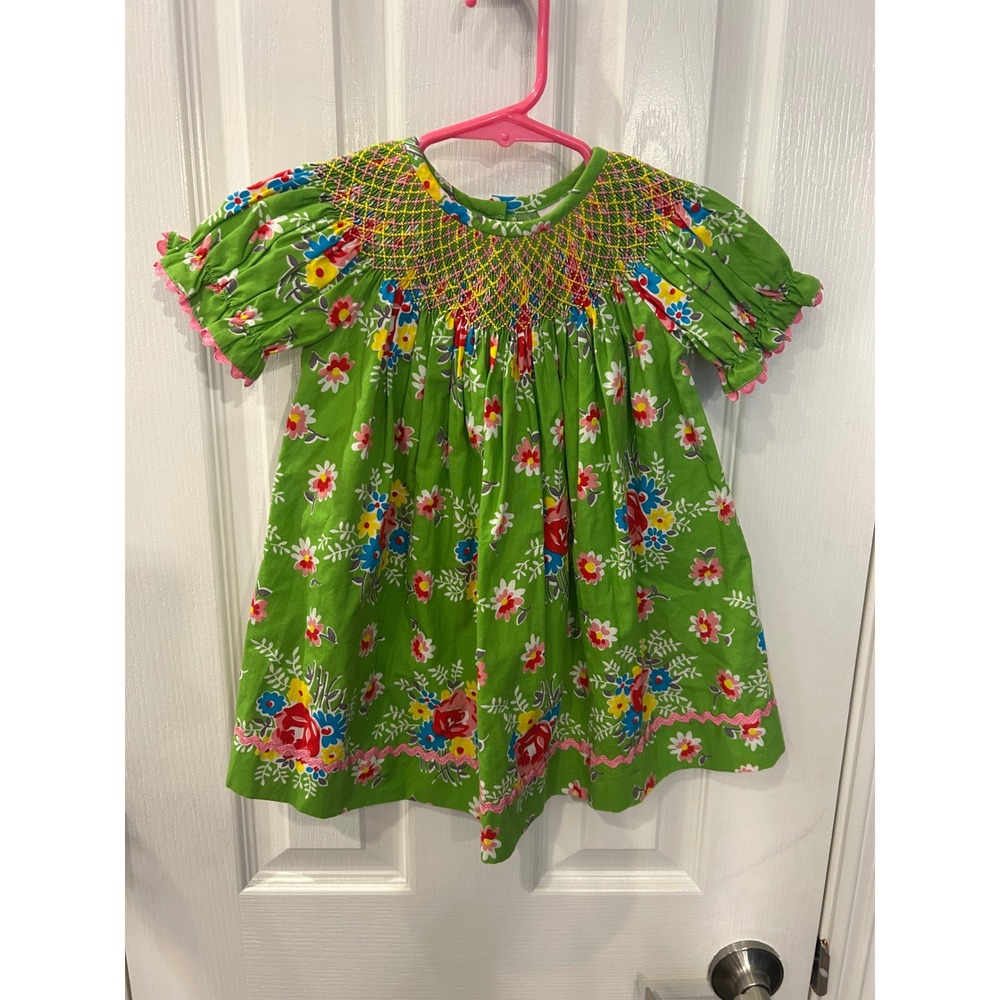 Smocked Auctions Dress Green Floral Smocked Ric Rac Cotton Baby Girl 12M